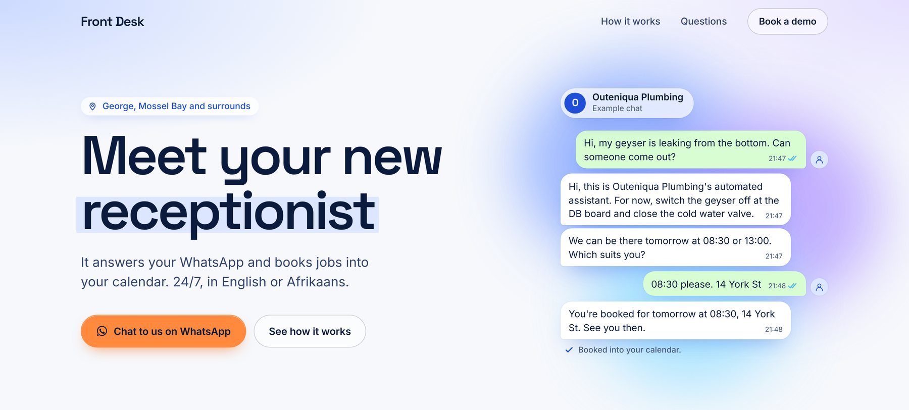 Front Desk landing page hero: 'Meet your new receptionist', with a WhatsApp chat where a plumbing business books a geyser repair.